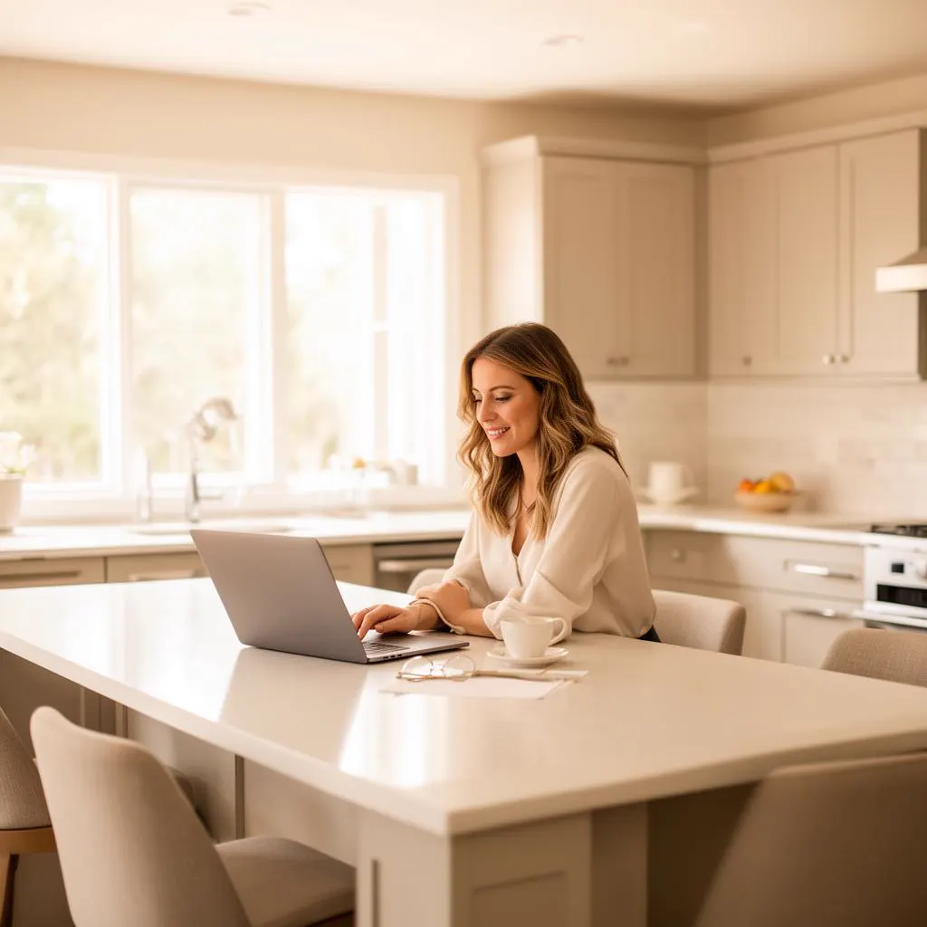 A professional working from a sunlit kitchen on a laptop